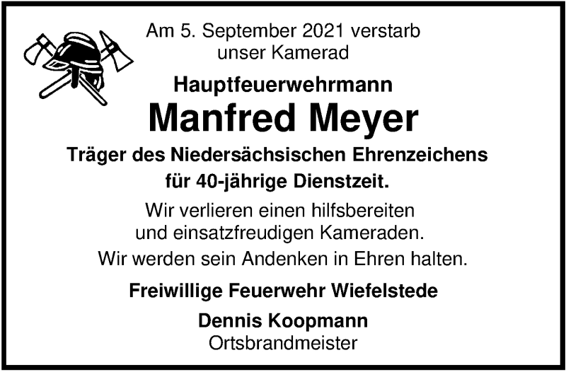  Traueranzeige für Manfred Meyer vom 11.09.2021 aus Nordwest-Zeitung