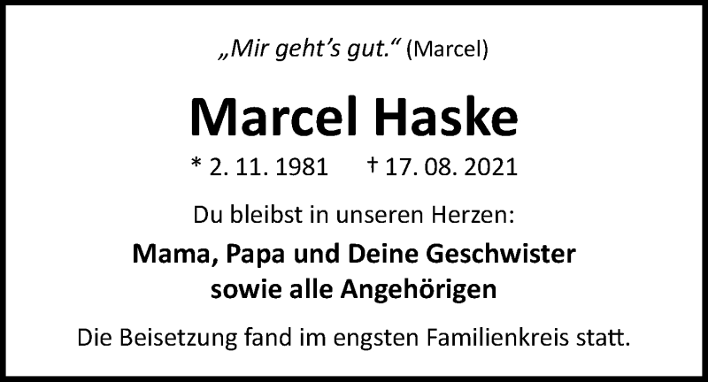  Traueranzeige für Marcel Haske vom 11.09.2021 aus Nordwest-Zeitung