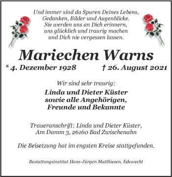 Traueranzeige von Mariechen Warns von Nordwest-Zeitung