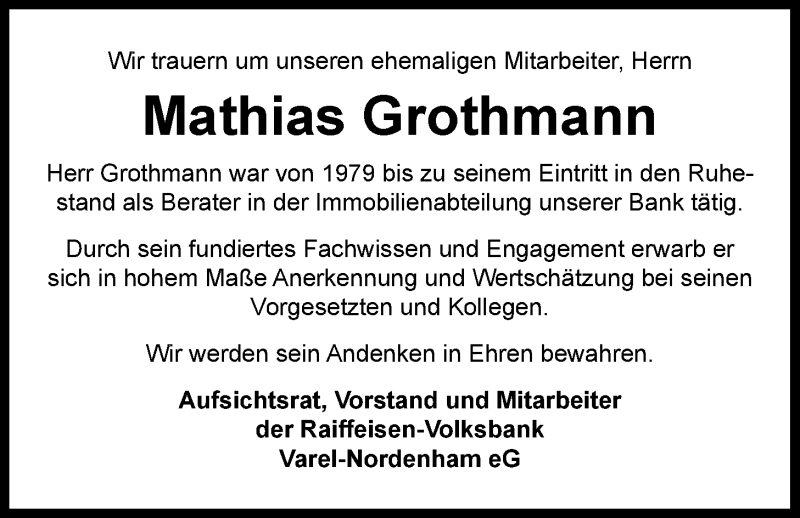  Traueranzeige für Mathias Grothmann vom 15.09.2021 aus Nordwest-Zeitung