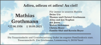 Traueranzeige von Mathias Grothmann von Nordwest-Zeitung