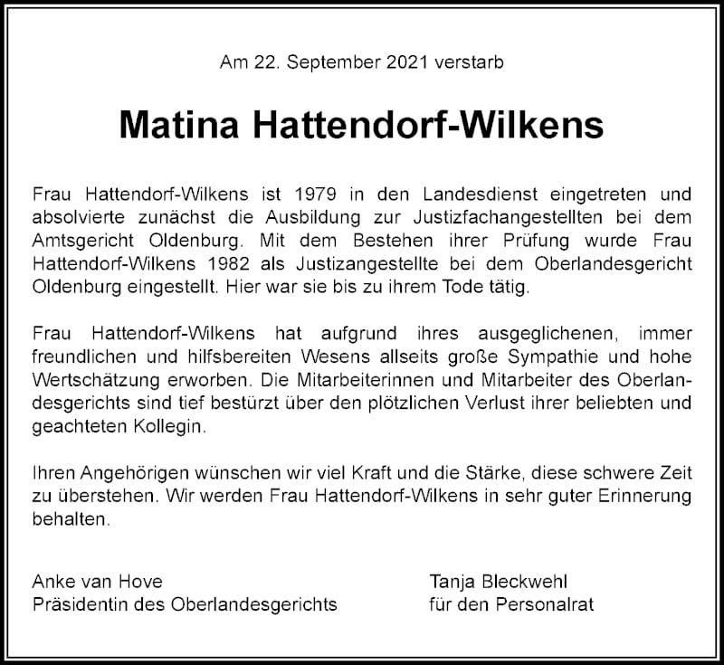  Traueranzeige für Matina Hattendorf-Wilkens vom 25.09.2021 aus Nordwest-Zeitung