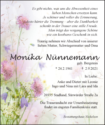 Traueranzeige von Monika Nünnemann von Nordwest-Zeitung