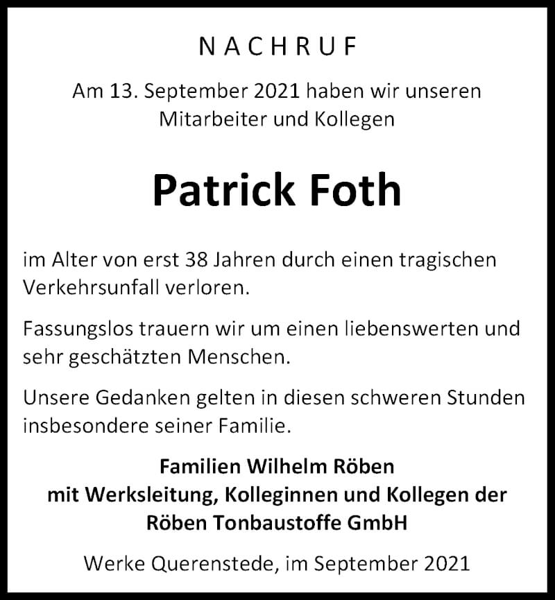  Traueranzeige für Patrick Foth vom 18.09.2021 aus Nordwest-Zeitung