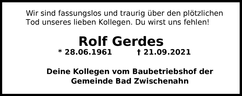  Traueranzeige für Rolf Gerdes vom 24.09.2021 aus Nordwest-Zeitung