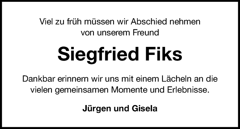  Traueranzeige für Siegfried Fiks vom 02.09.2021 aus Nordwest-Zeitung