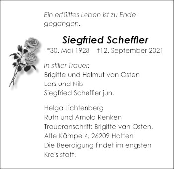 Traueranzeige von Siegfried Scheffler von Nordwest-Zeitung