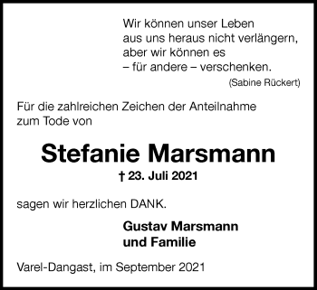 Traueranzeige von Stefanie Marsmann von Nordwest-Zeitung