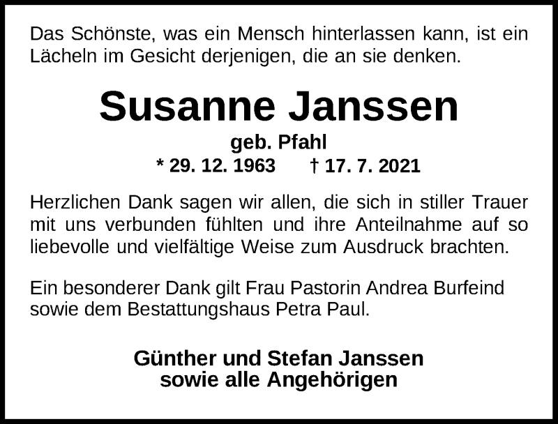  Traueranzeige für Susanne Janssen vom 04.09.2021 aus Nordwest-Zeitung