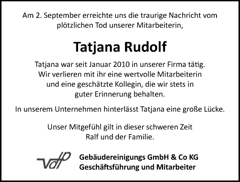  Traueranzeige für Tatjana Rudolf vom 11.09.2021 aus Nordwest-Zeitung