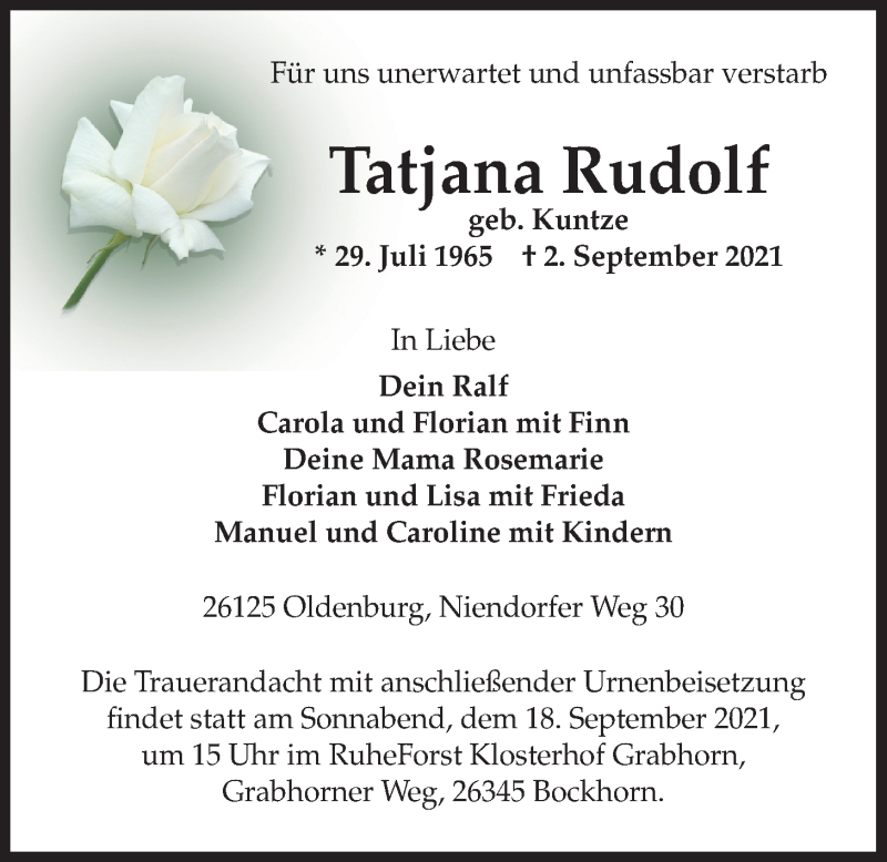  Traueranzeige für Tatjana Rudolf vom 11.09.2021 aus Nordwest-Zeitung