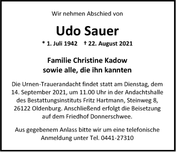 Traueranzeige von Udo Sauer von Nordwest-Zeitung