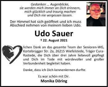 Traueranzeige von Udo Sauer von Nordwest-Zeitung
