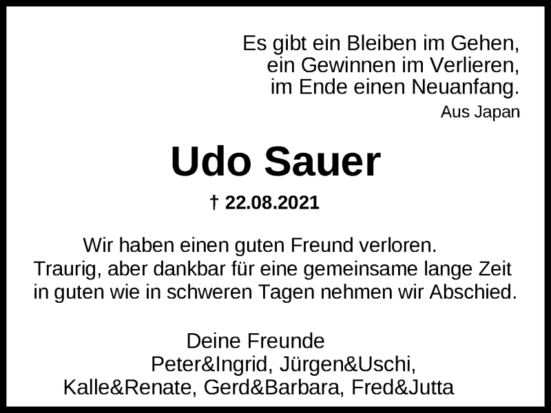  Traueranzeige für Udo Sauer vom 11.09.2021 aus Nordwest-Zeitung