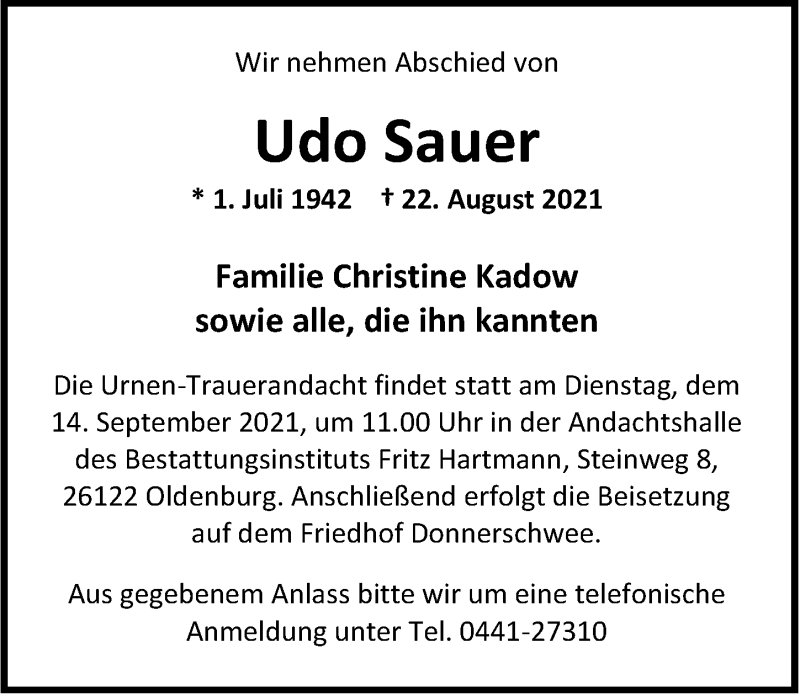  Traueranzeige für Udo Sauer vom 08.09.2021 aus Nordwest-Zeitung