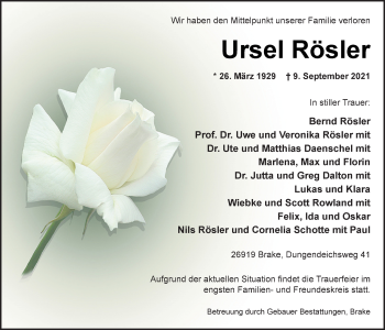 Traueranzeige von Ursel Rösler von Nordwest-Zeitung