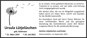 Traueranzeige von Ursula Lütjelüschen von Nordwest-Zeitung