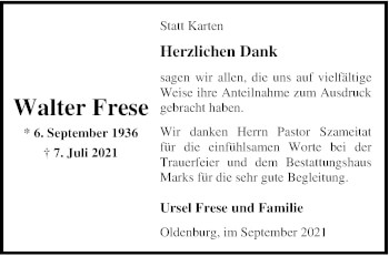 Traueranzeige von Walter Frese von Nordwest-Zeitung