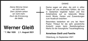 Traueranzeige von Werner Gleiß von Nordwest-Zeitung