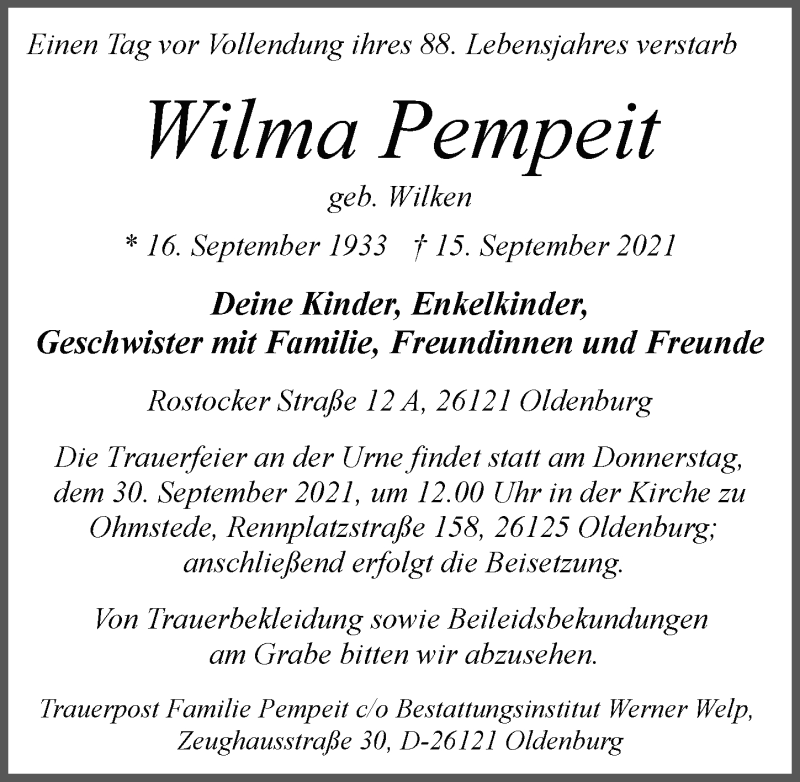  Traueranzeige für Wilma Pempeit vom 21.09.2021 aus Nordwest-Zeitung