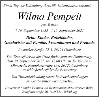 Traueranzeige von Wilma Pempeit von Nordwest-Zeitung