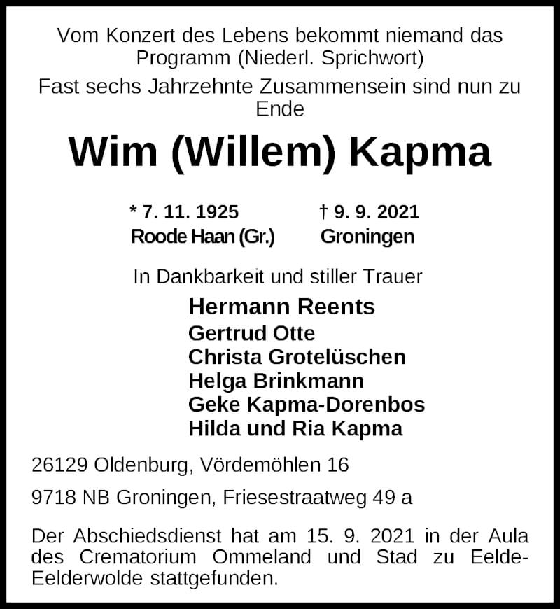  Traueranzeige für Wim (Willem) Kapma vom 25.09.2021 aus Nordwest-Zeitung