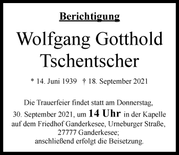 Traueranzeige von Wolfgang Gotthold Tschentscher von Nordwest-Zeitung