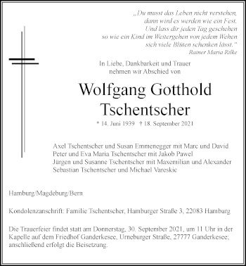 Traueranzeige von Wolfgang Gotthold Tschentscher von Nordwest-Zeitung
