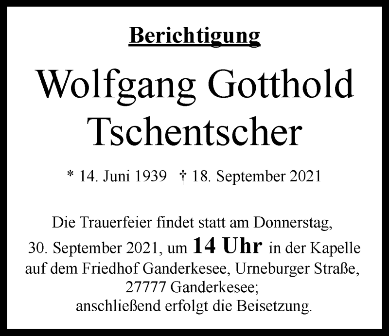  Traueranzeige für Wolfgang Gotthold Tschentscher vom 29.09.2021 aus Nordwest-Zeitung