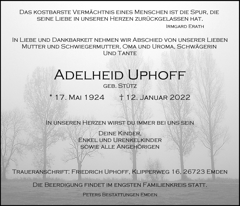  Traueranzeige für Adelheid Uphoff vom 15.01.2022 aus Emder Zeitung