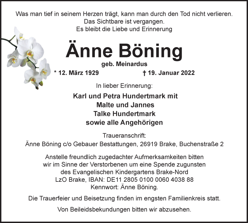  Traueranzeige für Änne Böning vom 26.01.2022 aus Nordwest-Zeitung