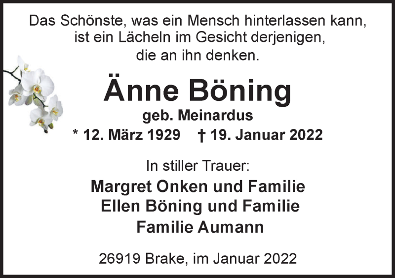  Traueranzeige für Änne Böning vom 26.01.2022 aus Nordwest-Zeitung