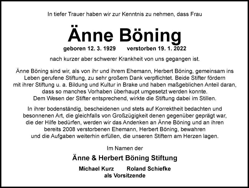  Traueranzeige für Änne Böning vom 26.01.2022 aus Nordwest-Zeitung
