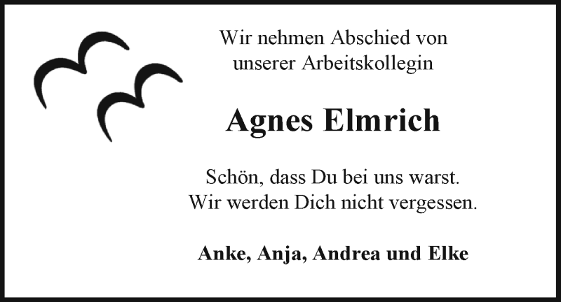  Traueranzeige für Agnes Elmrich vom 28.01.2022 aus Emder Zeitung
