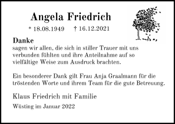 Traueranzeige von Angela Friedrich von Nordwest-Zeitung