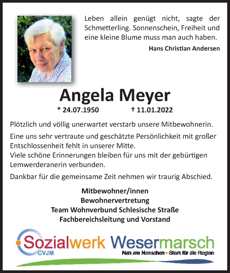  Traueranzeige für Angela Meyer vom 13.01.2022 aus Nordwest-Zeitung