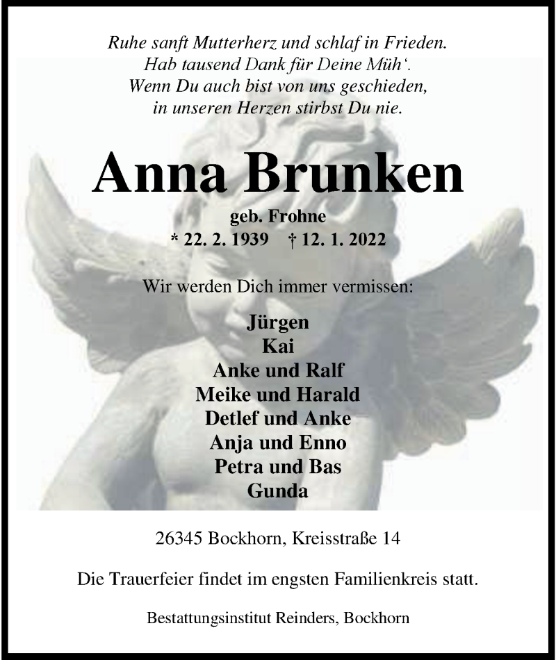  Traueranzeige für Anna Brunken vom 15.01.2022 aus Nordwest-Zeitung