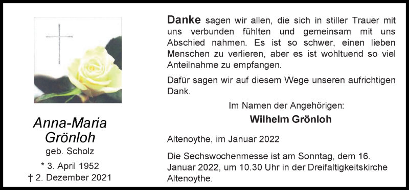  Traueranzeige für Anna-Maria Grönloh vom 13.01.2022 aus Nordwest-Zeitung