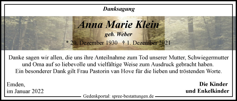  Traueranzeige für Anna Marie Klein vom 15.01.2022 aus Emder Zeitung