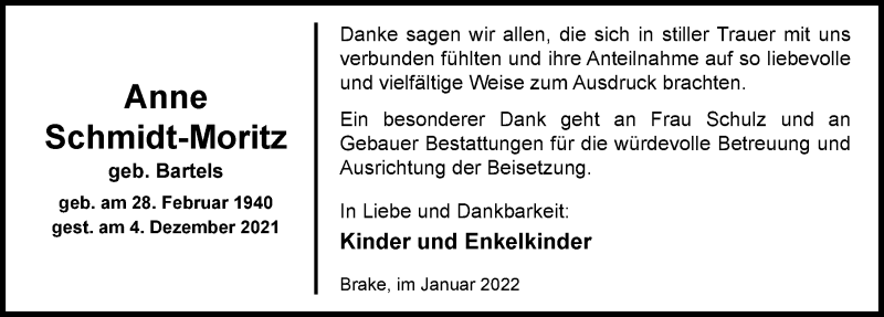  Traueranzeige für Anne Schmidt-Moritz vom 15.01.2022 aus Nordwest-Zeitung