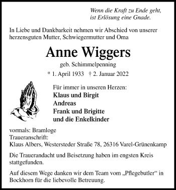 Traueranzeige von Anne Wiggers von Nordwest-Zeitung
