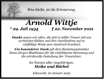 Traueranzeige von Arnold Wittje von Nordwest-Zeitung