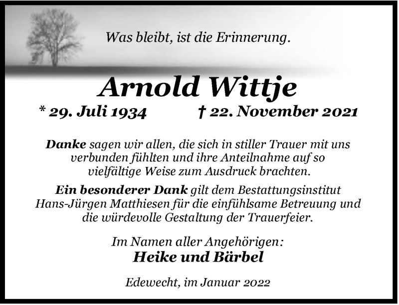  Traueranzeige für Arnold Wittje vom 08.01.2022 aus Nordwest-Zeitung