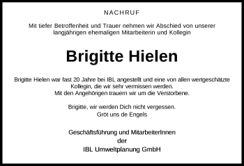 Traueranzeige von Brigitte Hielen von Nordwest-Zeitung