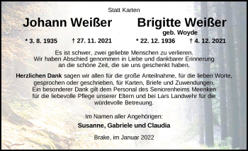 Traueranzeige von Brigitte Weißer von Nordwest-Zeitung
