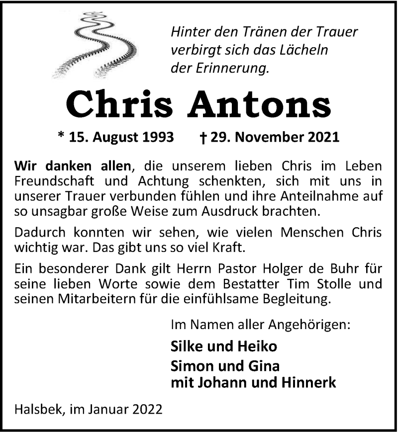  Traueranzeige für Chris Antons vom 15.01.2022 aus Nordwest-Zeitung