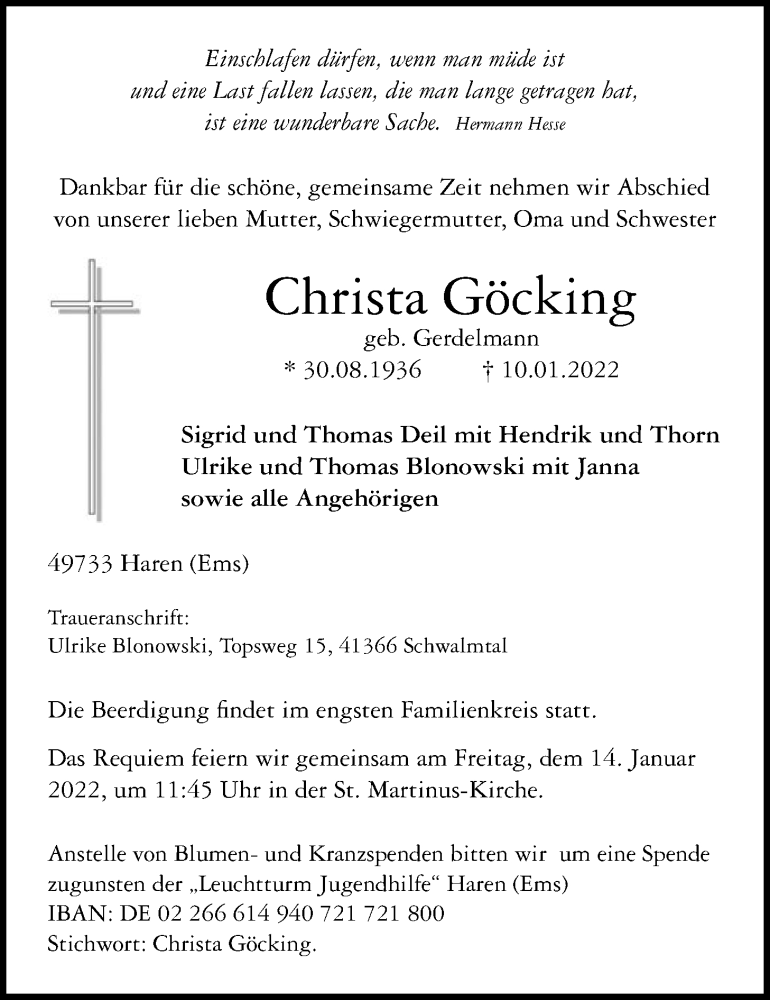  Traueranzeige für Christa Göcking vom 13.01.2022 aus Nordwest-Zeitung