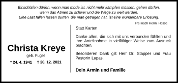 Traueranzeige von Christa Kreye von Nordwest-Zeitung