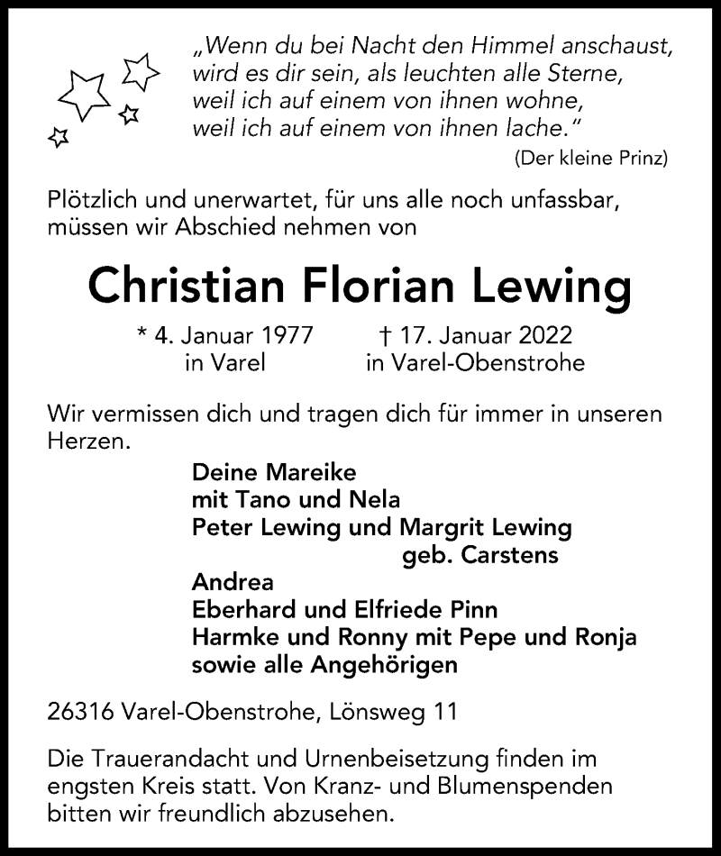  Traueranzeige für Christian Florian Lewing vom 22.01.2022 aus Nordwest-Zeitung