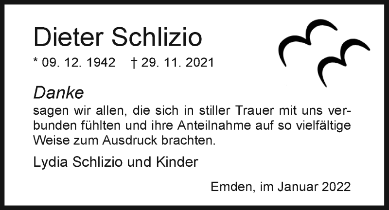 Traueranzeige für Dieter Schlizio vom 15.01.2022 aus Emder Zeitung